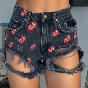 Zara Rolling Stones Logo Distressed Denim Shorts Black Size 4